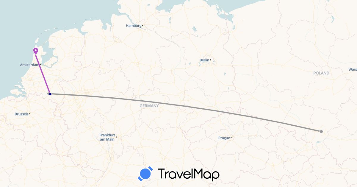 TravelMap itinerary: driving, plane, train in Netherlands, Poland (Europe)